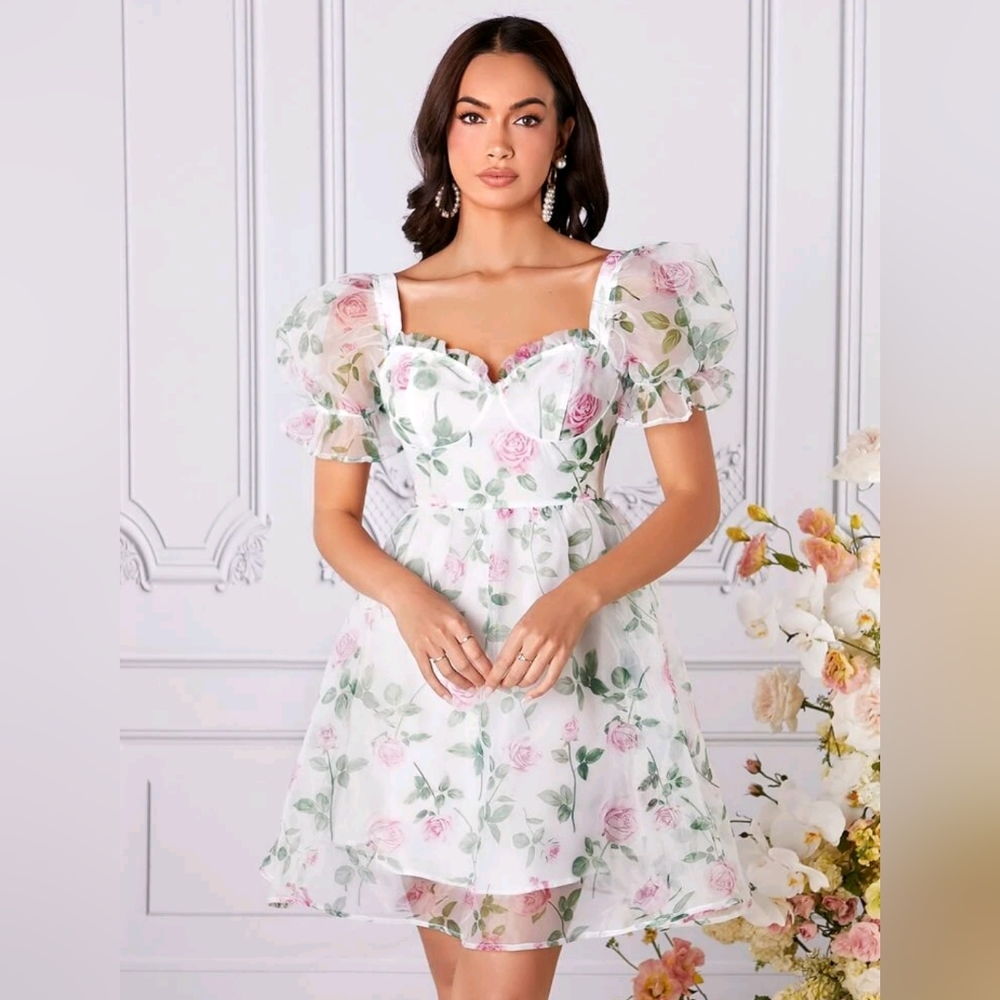 Floral Frill Puff Sleeve Organza Dress
